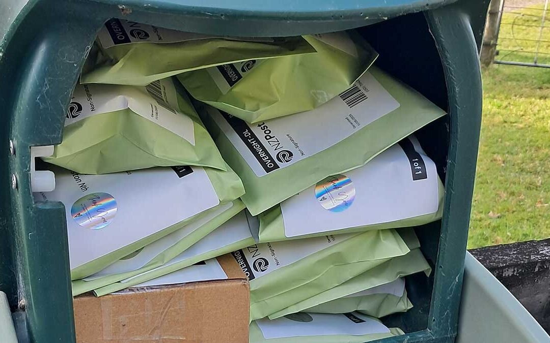 A rural mailbox stuffed with packages of Kat's Nip for customers.