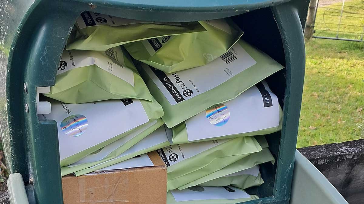 A rural mailbox stuffed with packages of Kat's Nip for customers.